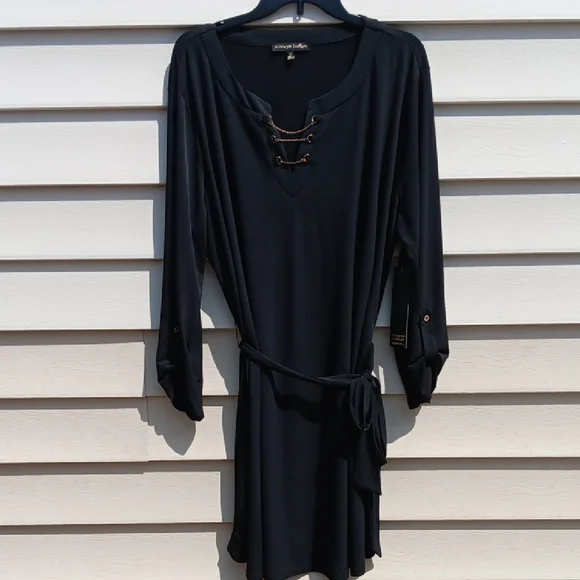 ALWAYS INDIGO Elegant Long Sleeve Black Dress with Waist String- 3X - Picture 2 of 13